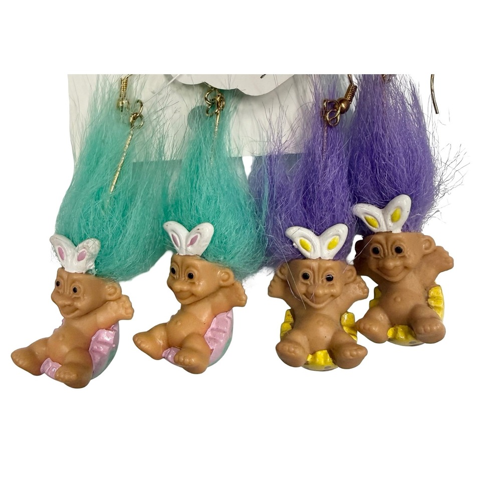 Vintage NWT Easter Troll Doll Earrings Bunny Ears Egg Hair Kitsch Dangle 90s